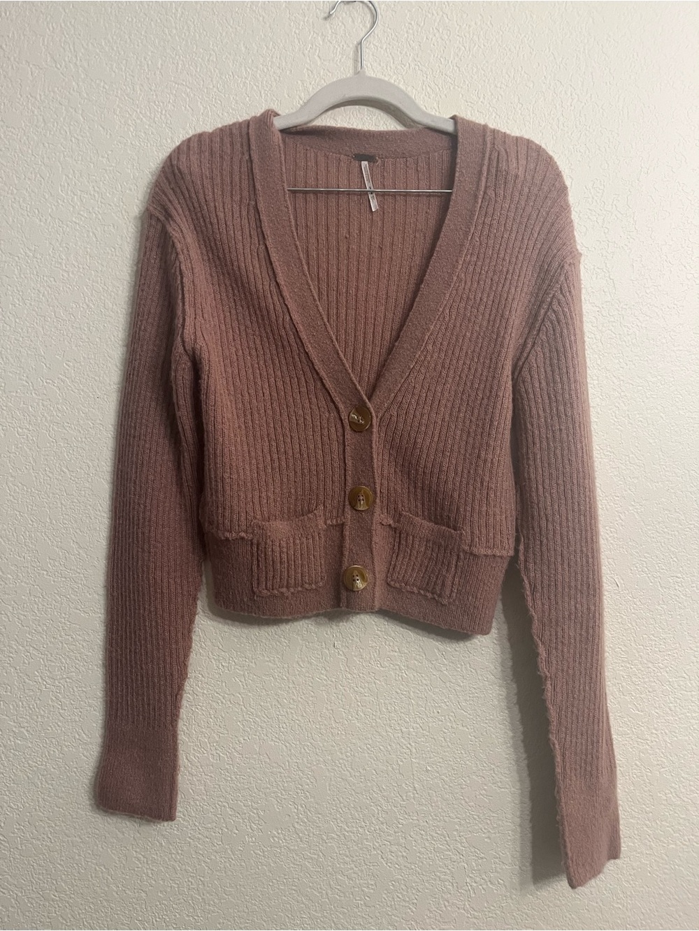 Free People Blush Mauve Ribbed V-Neck Cardigan